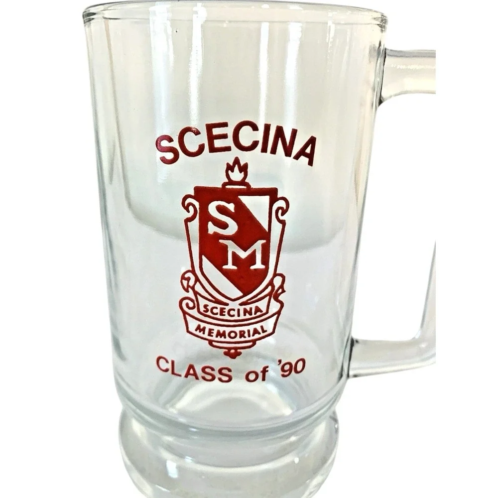 Scecina Memorial Beer Mug‎ Class of '90 Vintage Glass Stein Clear Red Graphic
